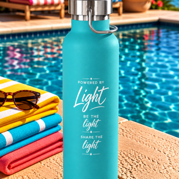 X39 Copper Vacuum Insulated Water Bottle. Powered by Light. Be the Light. Share the Light. White X39 Logo - 22 oz