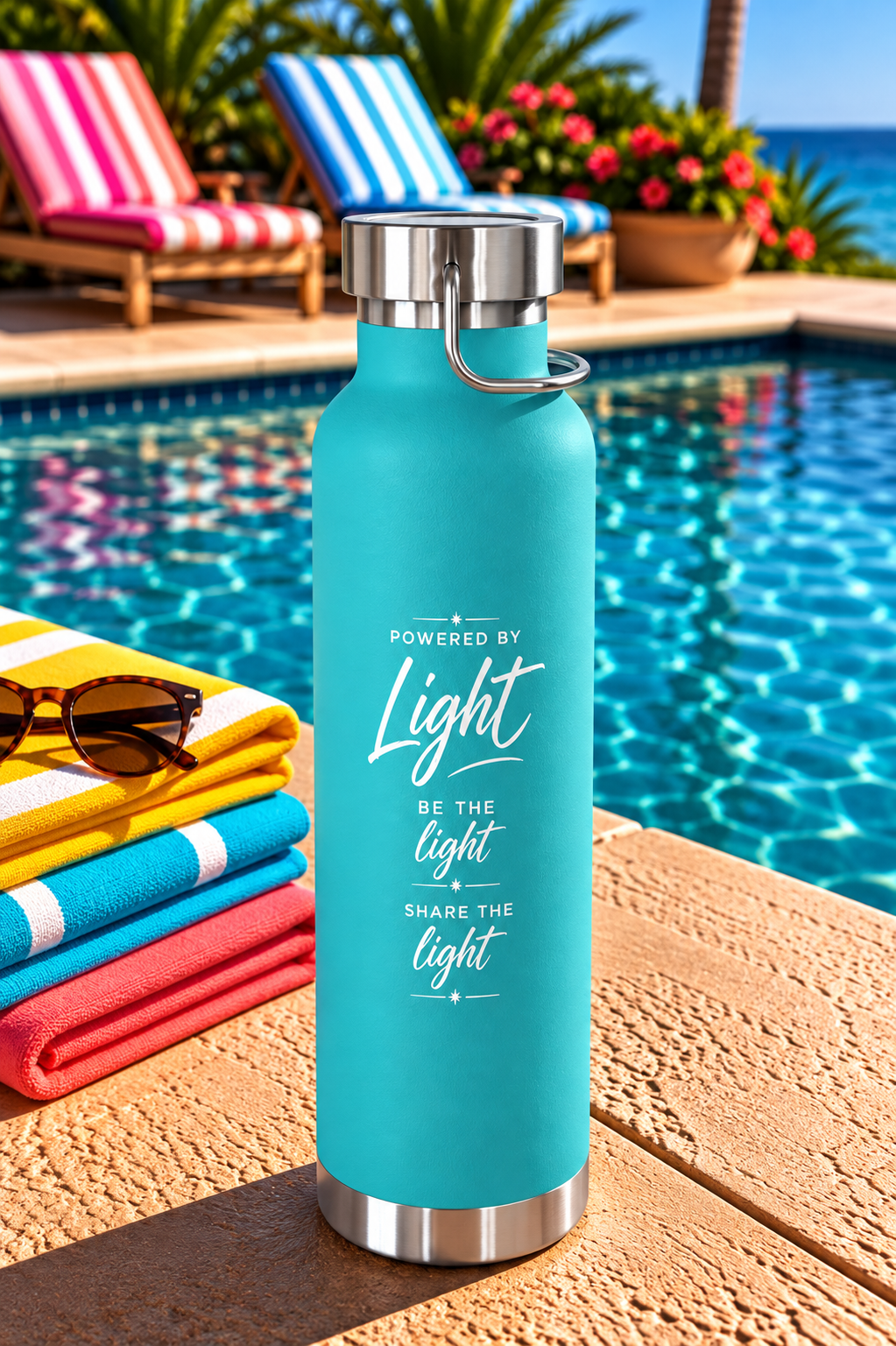 X39 Copper Vacuum Insulated Water Bottle. Powered by Light. Be the Light. Share the Light. White X39 Logo - 22 oz