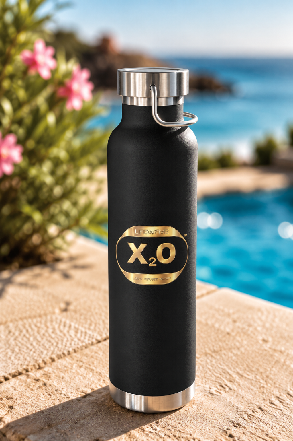 Lifewave X20 Copper Vacuum Insulated Water Bottle. Powered by Light. Gold X20 Logo - 22 oz